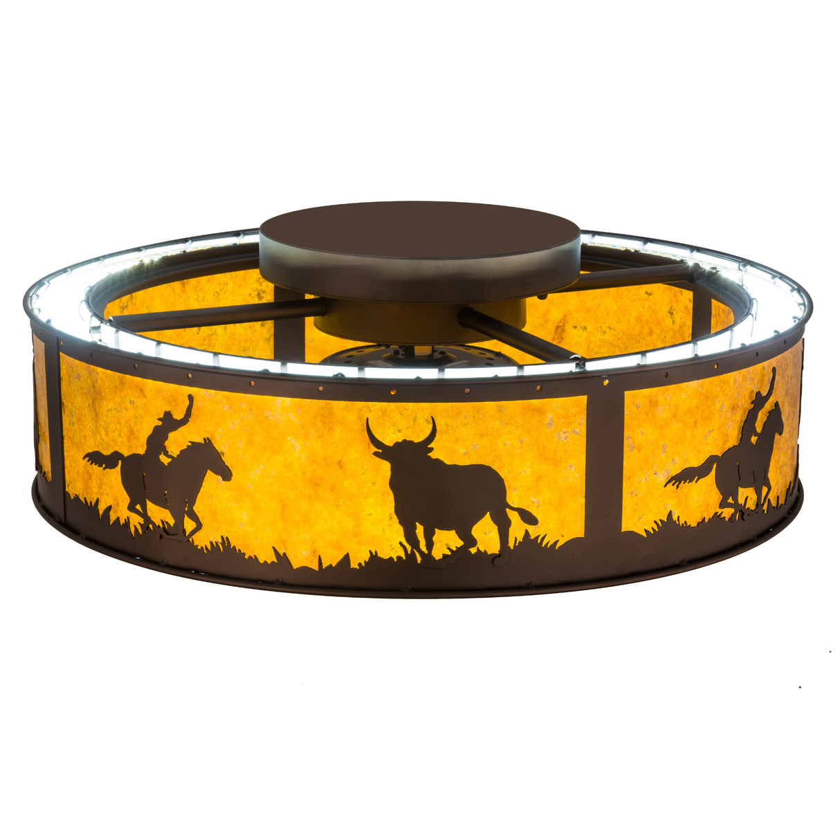 Top angled view showing illuminated amber mica panels.
