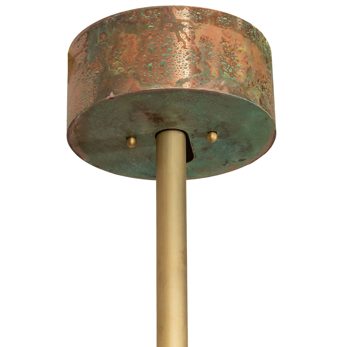 Close-up of copper canopy with verdigris finish on Coyle 36 light chandelier.