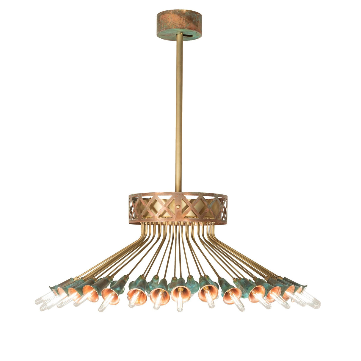 Side angle of 36 light chandelier with radial brass arms and verdigris copper cups.