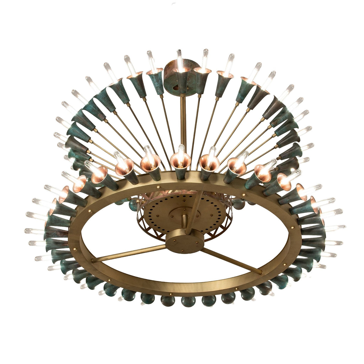 Bottom view showing two-tier ring design with brass structure and verdigris copper sockets.