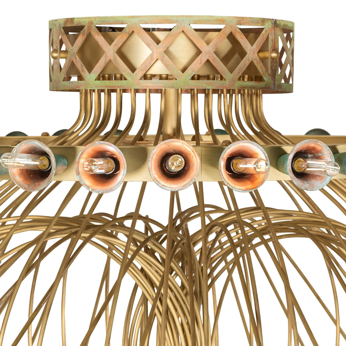 Close-up of Coyle chandelier canopy band and copper trumpet lily socket cups.