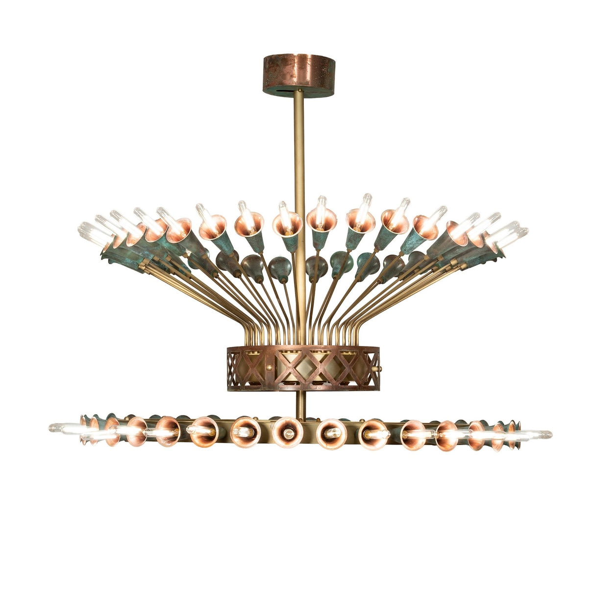 Side view of chandelier featuring brass tubing and verdigris copper trumpet lily socket cups.