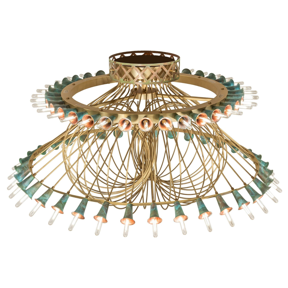 Top angle view of Coyle 72 light chandelier showing upper ring and canopy.