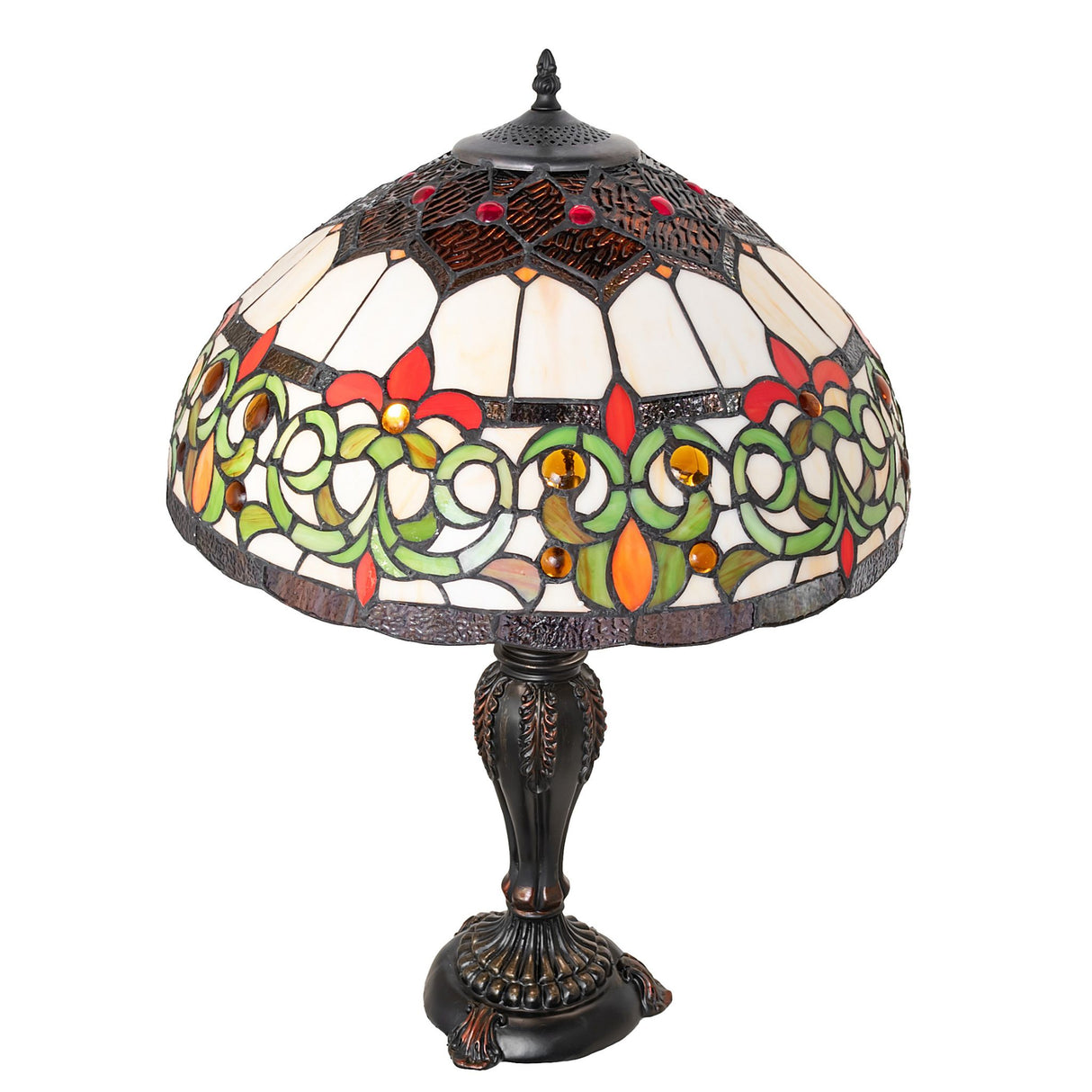Vibrant stained glass shade with floral and leaf patterns.
