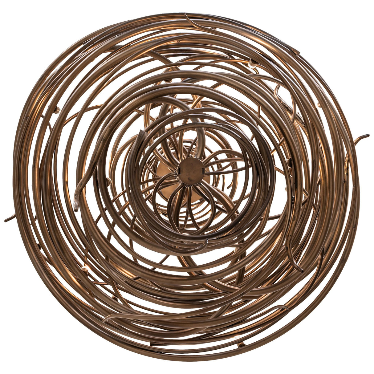 Bottom view of chandelier showcasing concentric spiral iron rings and central column.