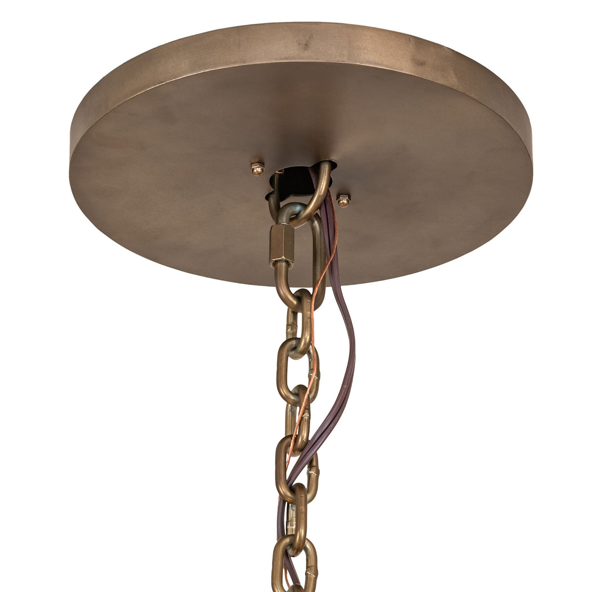 Ceiling canopy and chain detail of Cyclone chandelier in antique copper finish.