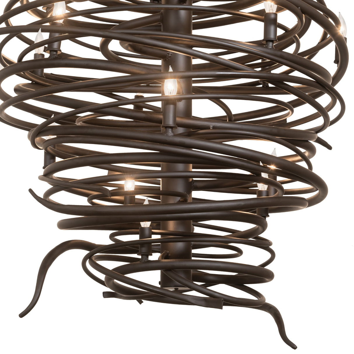Closeup bottom of Cyclone 20-light chandelier spiral iron design.