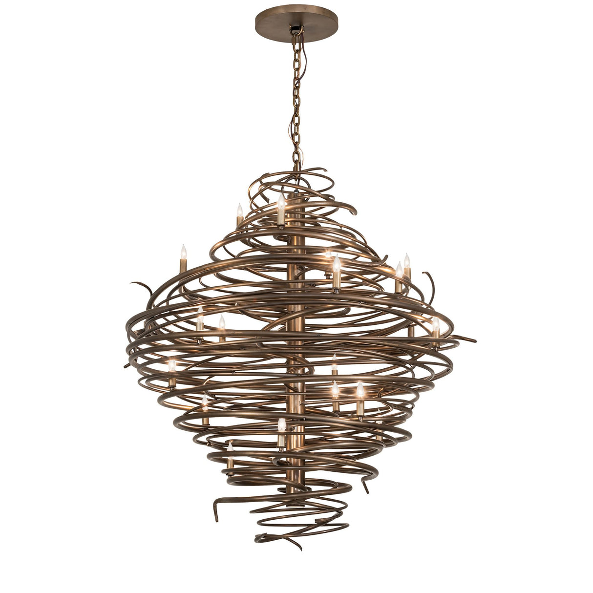 Full view of chandelier featuring swirling hand-forged iron design in antique copper finish.