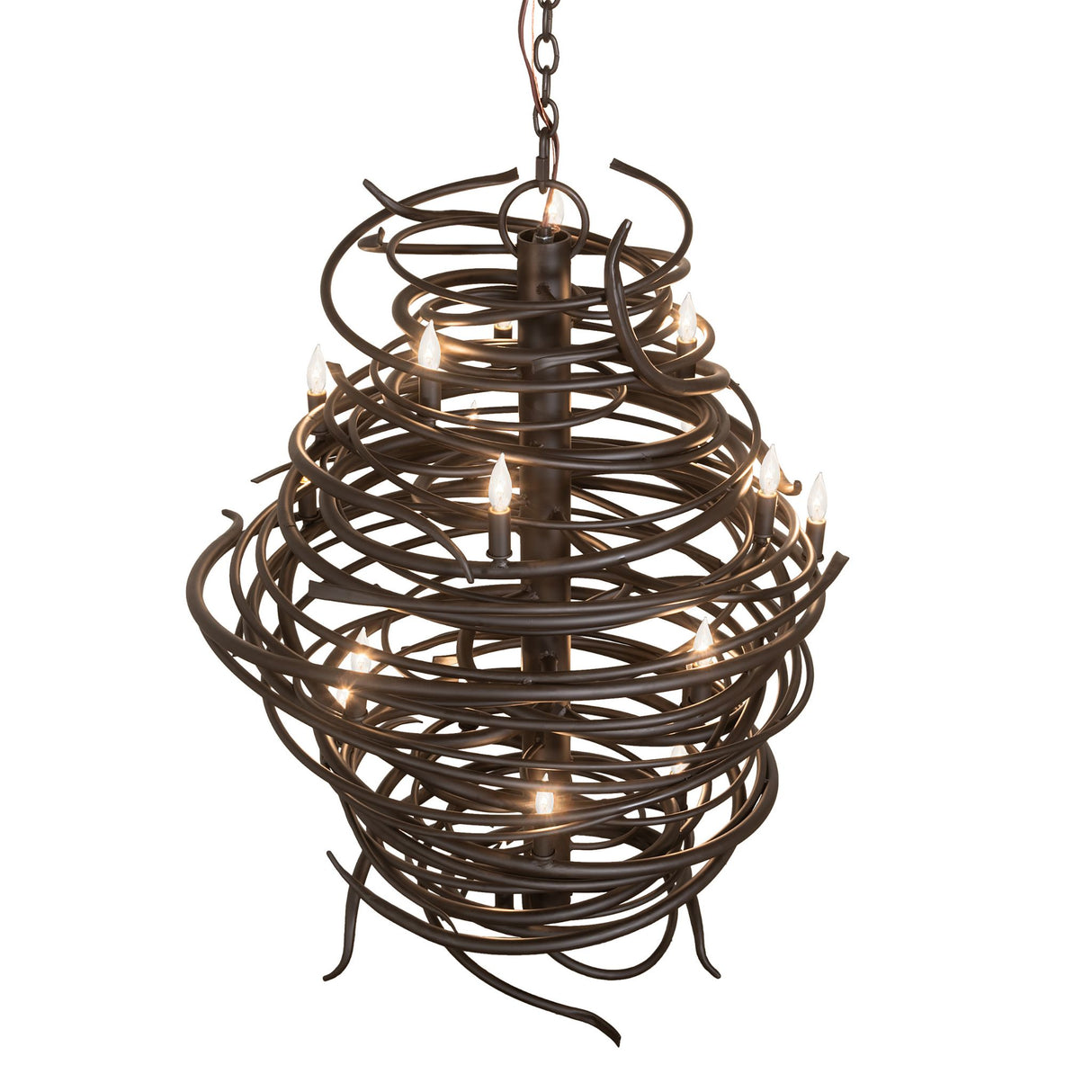 Top view of Cyclone 20 light chandelier showing circular spiral structure.