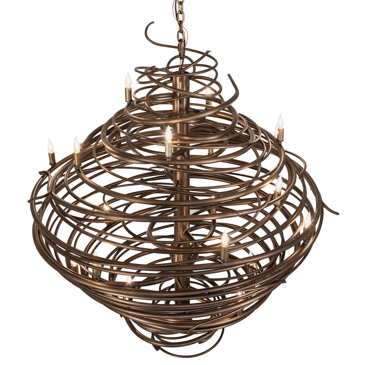Top view of chandelier revealing concentric spiral iron rings around central column.