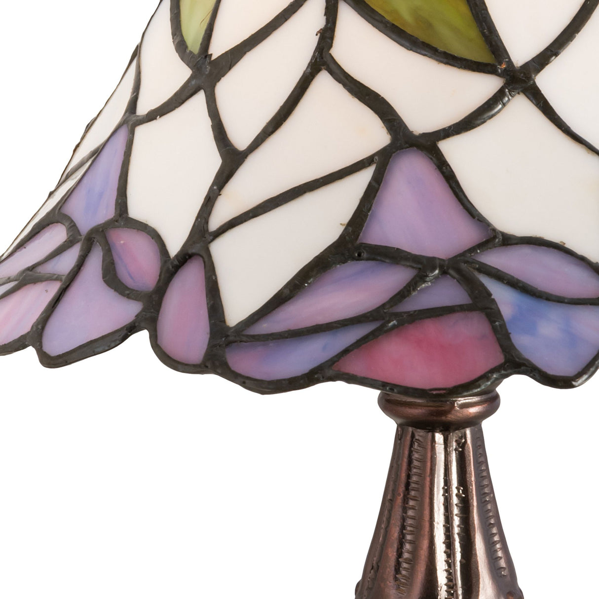 Close-up of the Daffodil Bell Mini Lamp showcasing the intricate floral stained glass shade.