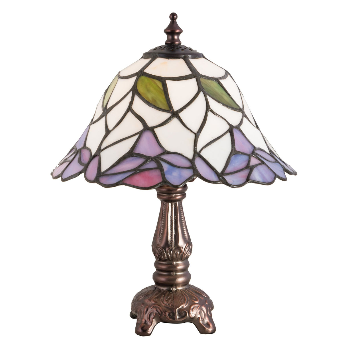 Lit view of Daffodil Bell Mini Lamp featuring white, pink, and green floral patterns.