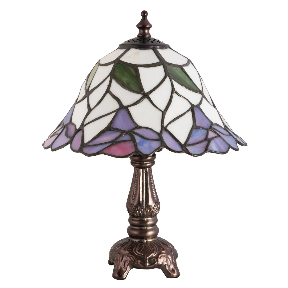 Unlit view of the Daffodil Bell Mini Lamp highlighting the handcrafted stained glass design.