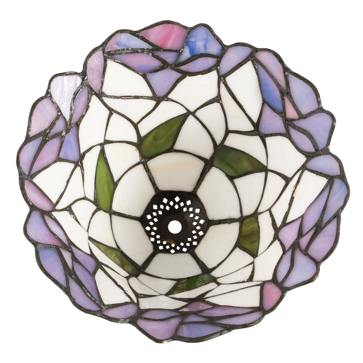 Bottom view of the Daffodil Bell Shade displaying its handcrafted stained glass pattern.
