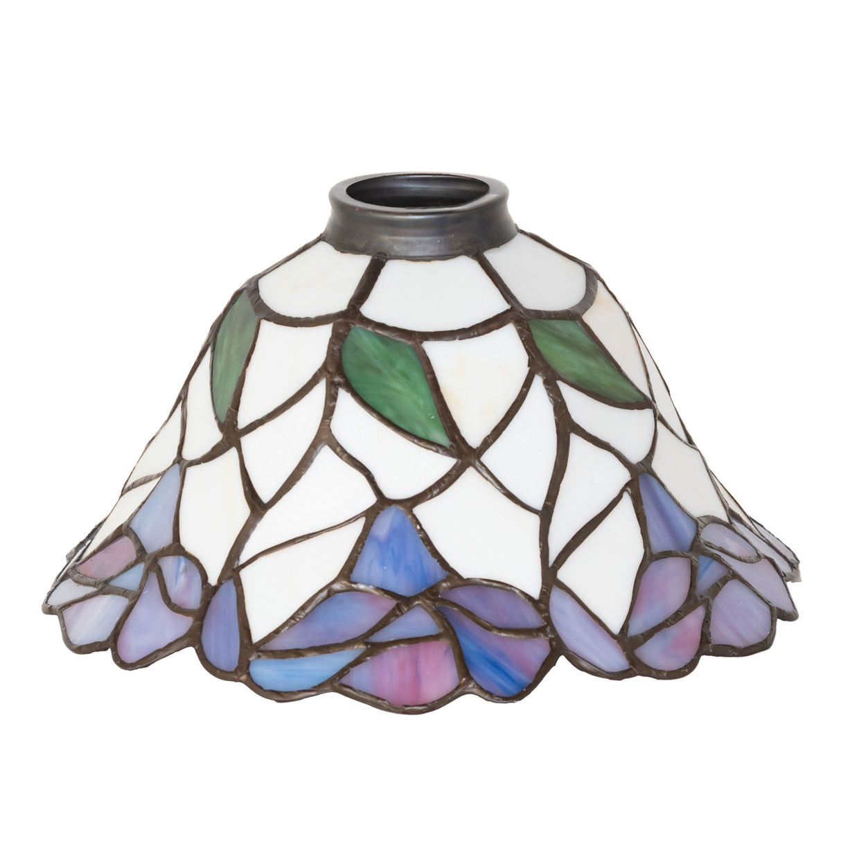 Daffodil Bell Shade displaying its floral design with plum pink flowers, green leaves, and white art glass.