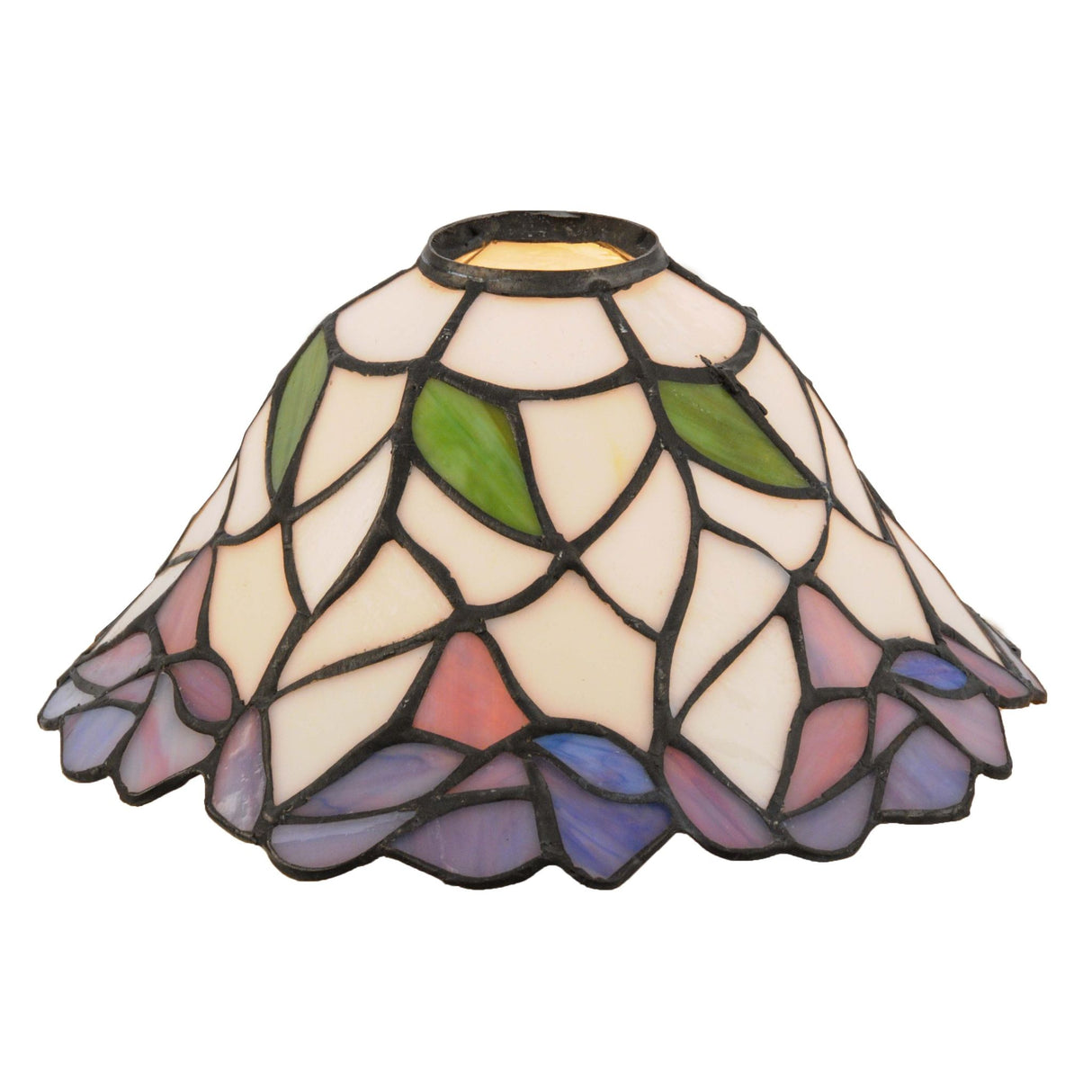 Daffodil bell shade with colorful floral accents illuminated for warm lighting.