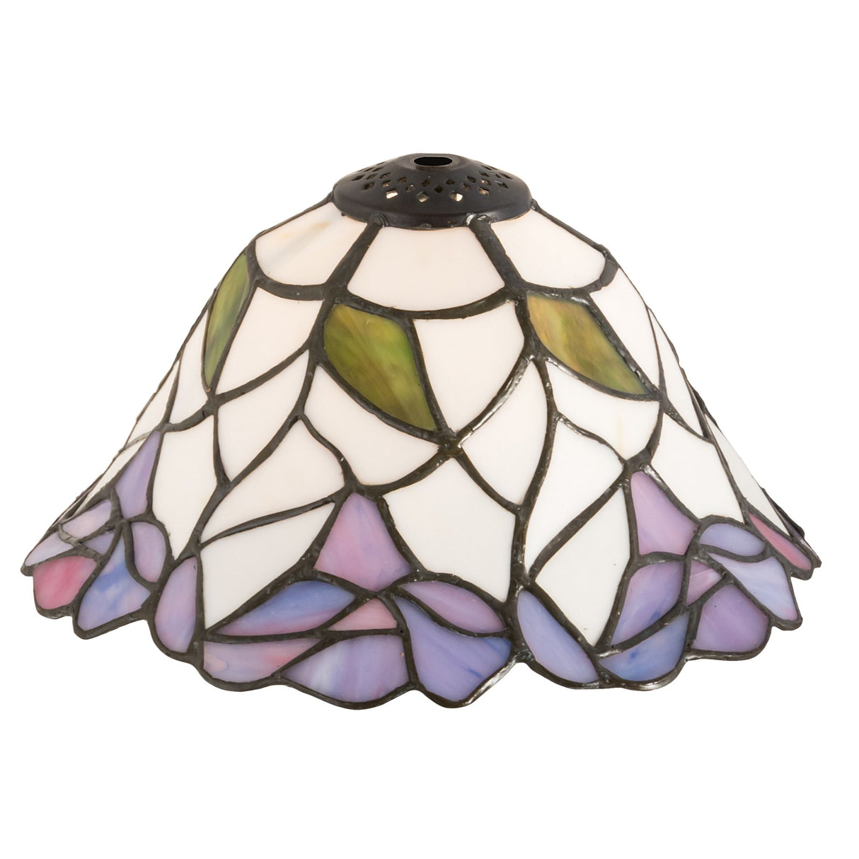 Lit view of the Daffodil Bell Shade showcasing vibrant stained glass colors.