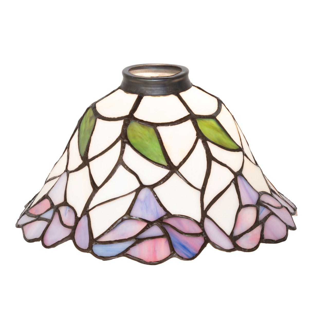 Elegant 9-inch wide daffodil bell shade with jade green leaves and plum pink flowers.