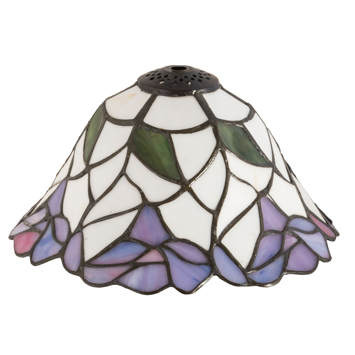 Unlit view of the Daffodil Bell Shade, highlighting intricate floral stained glass details.