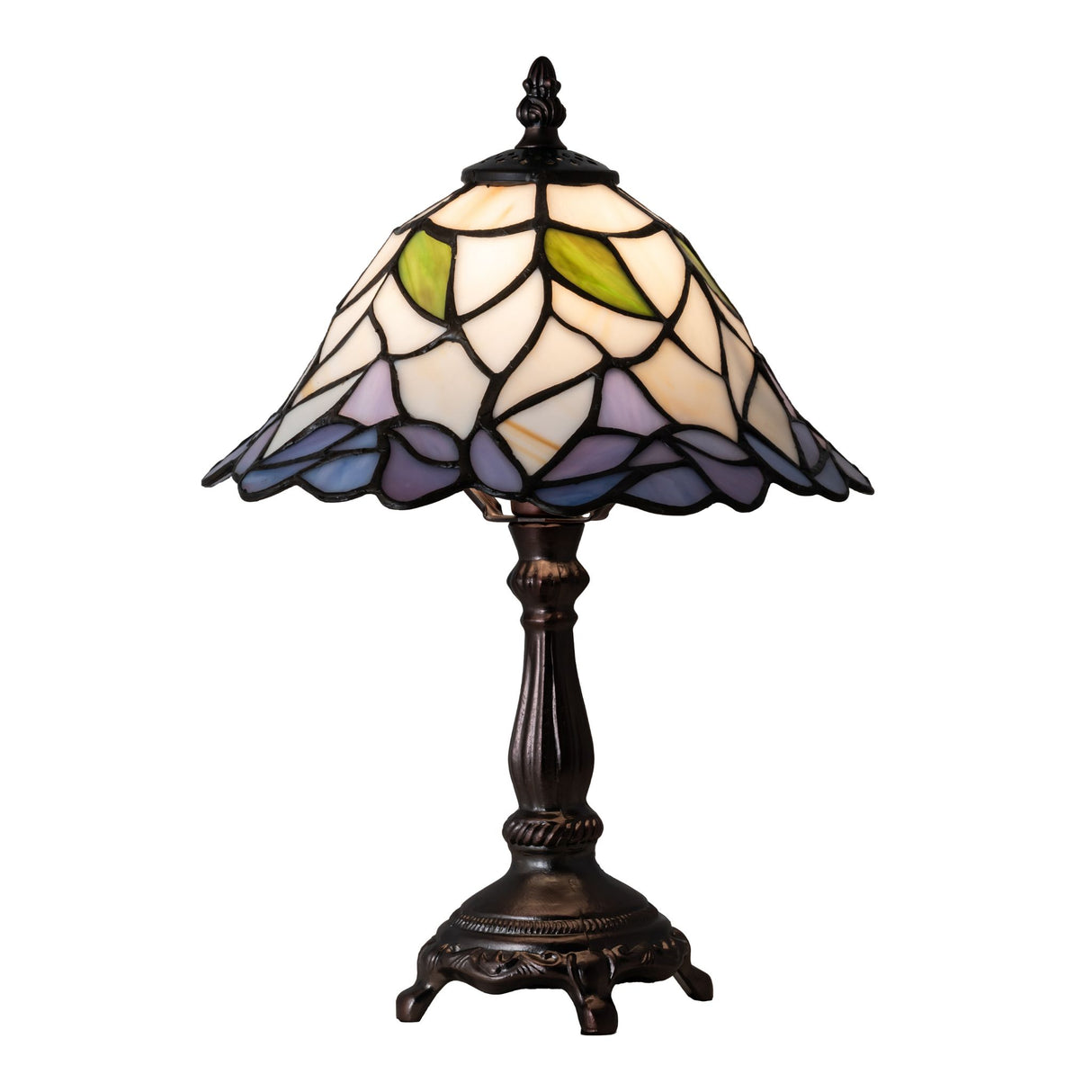 Angle view of daffodil table lamp with intricate stained glass detailing.