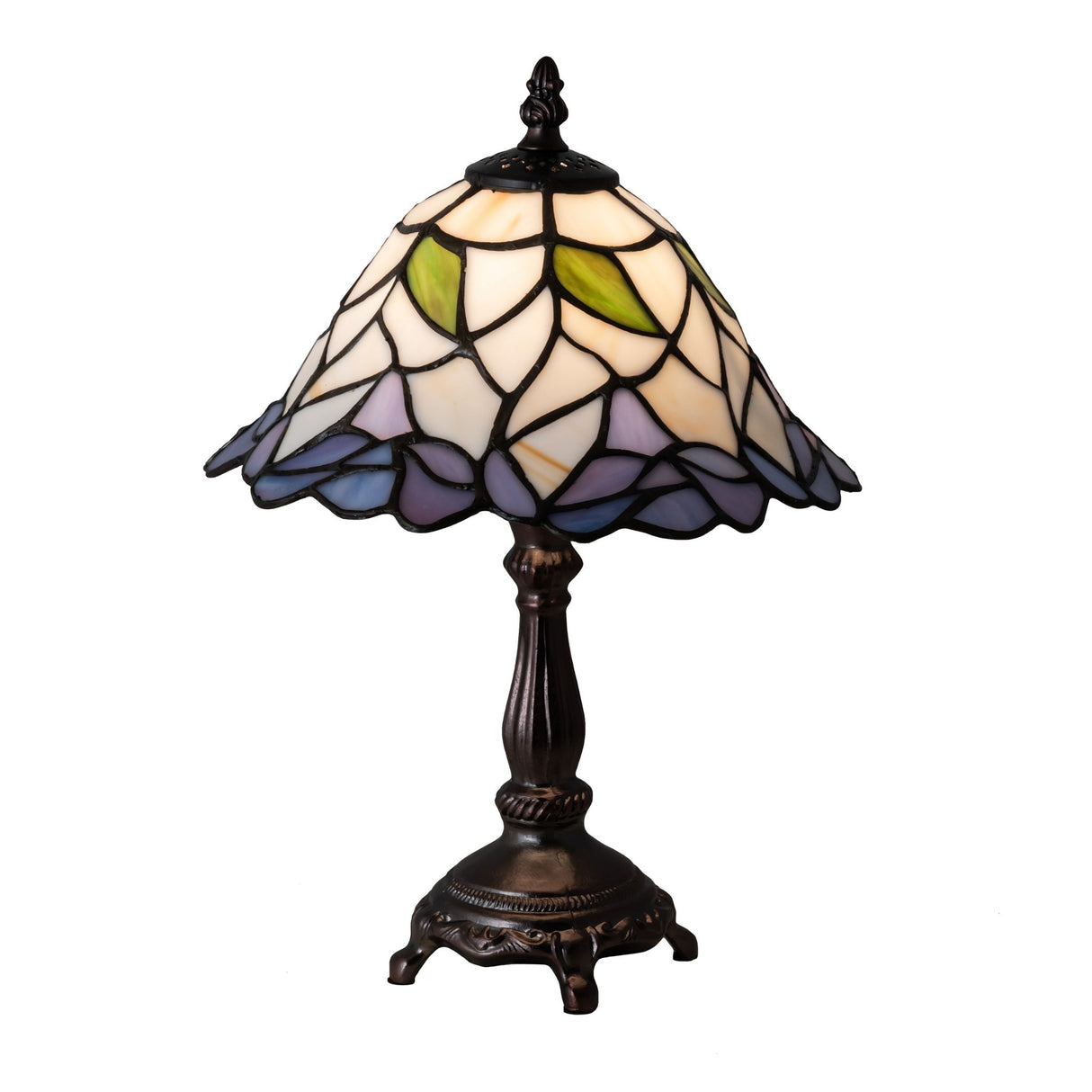 Front view of Daffodil Table Lamp with stained glass panels in a floral design.
