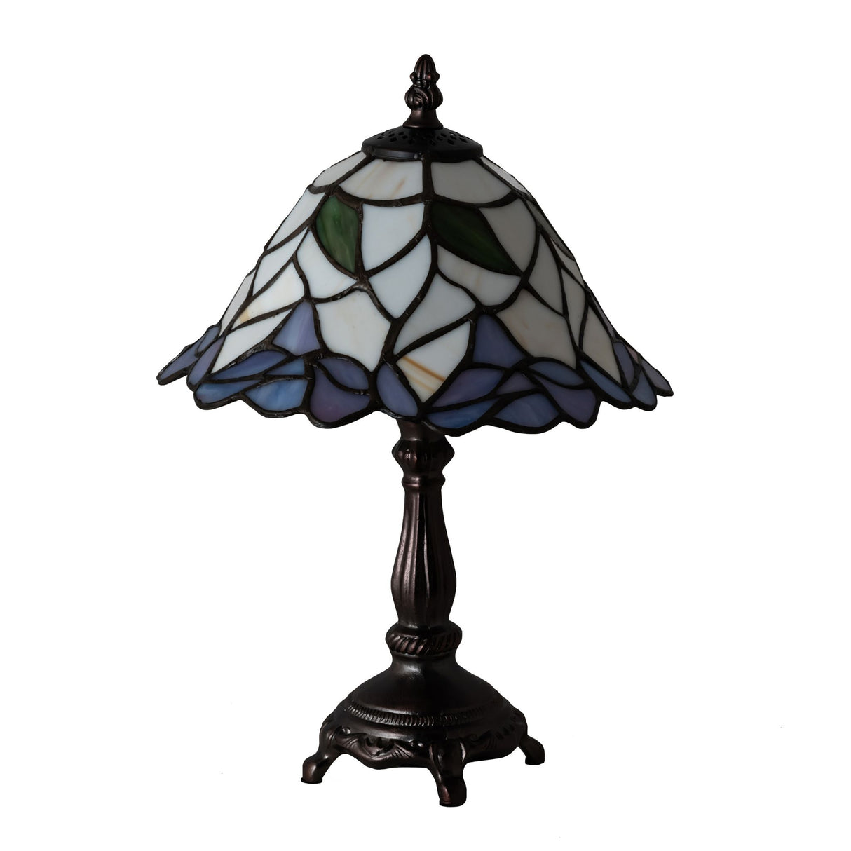 unlit view of daffodil table lamp showcasing its elegant stained glass panels and base.