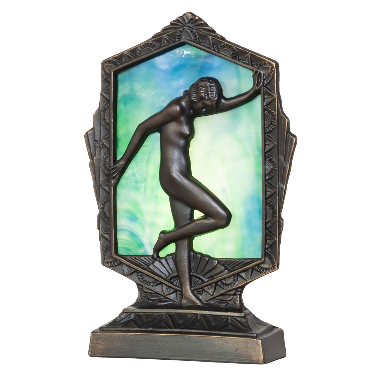 Art Deco-style accent lamp featuring a graceful posing lady with a blue-green ripple glass background.