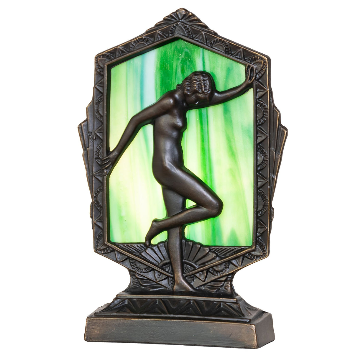 Art Deco-style accent lamp featuring a posing lady with a green ripple glass background.