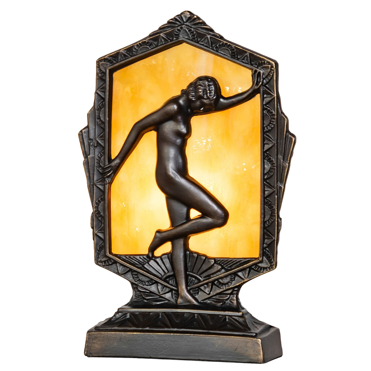 Deco-style accent lamp featuring a posing lady with an illuminated beige art glass panel.