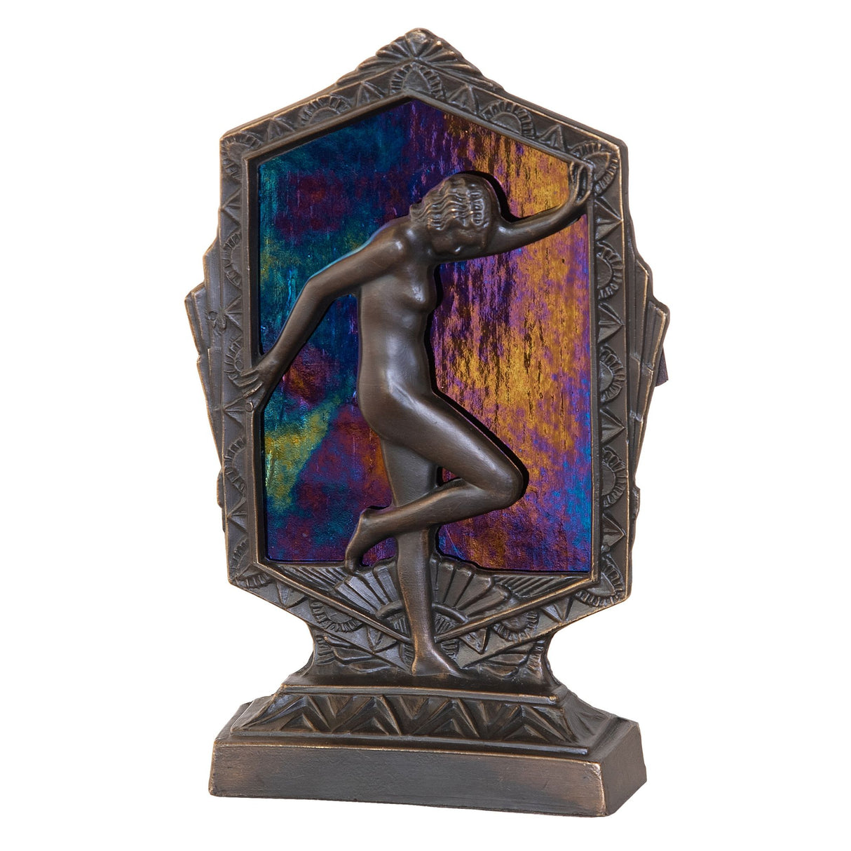 Deco-styled accent lamp featuring a graceful posing lady with a Black Iridescent Glass panel.