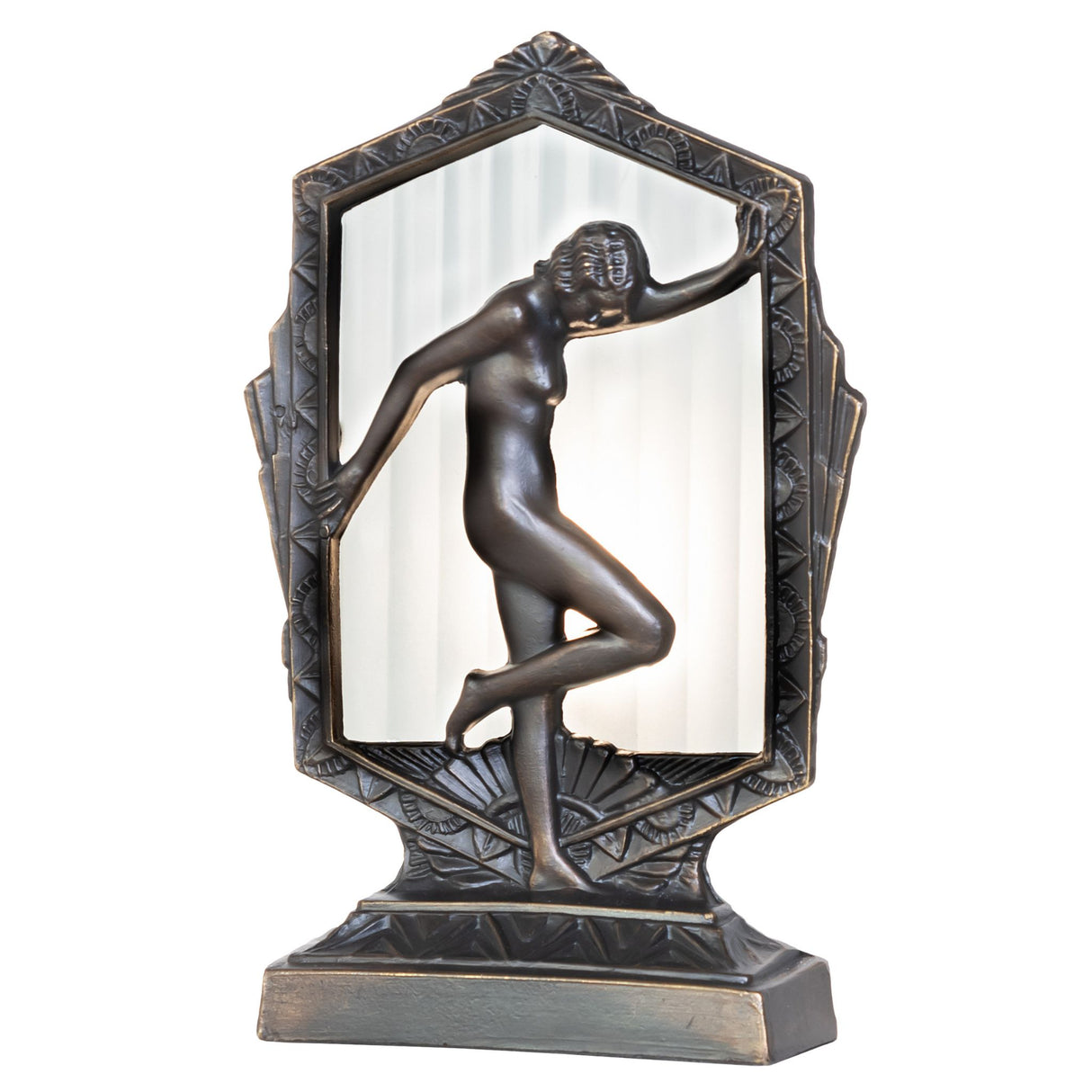 Deco Posing Lady Accent Lamp with frosted glass backdrop and an antique brass-finished statuette.