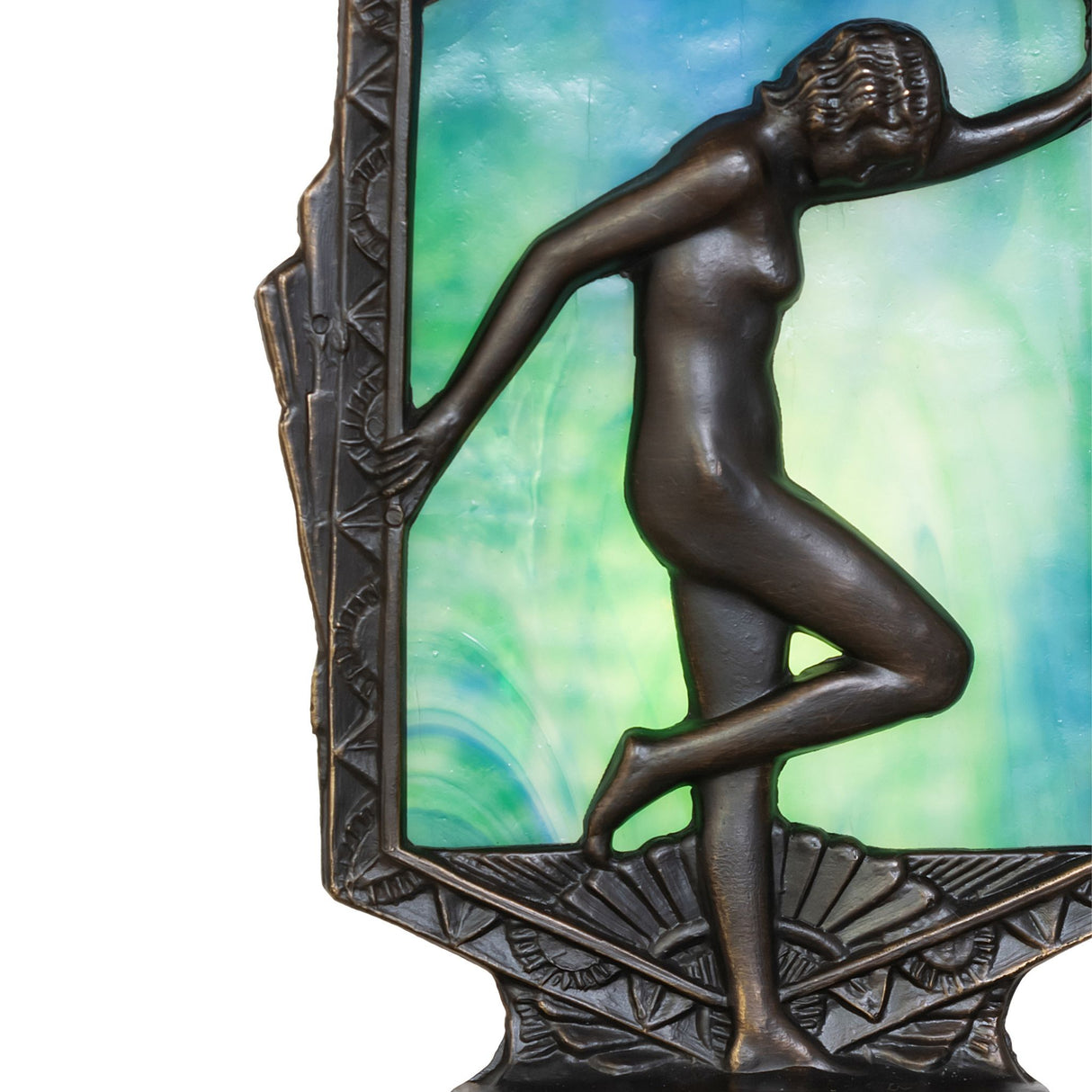 Close-up of the Deco Posing Lady accent lamp, showcasing the detailed metal statuette and ripple glass.