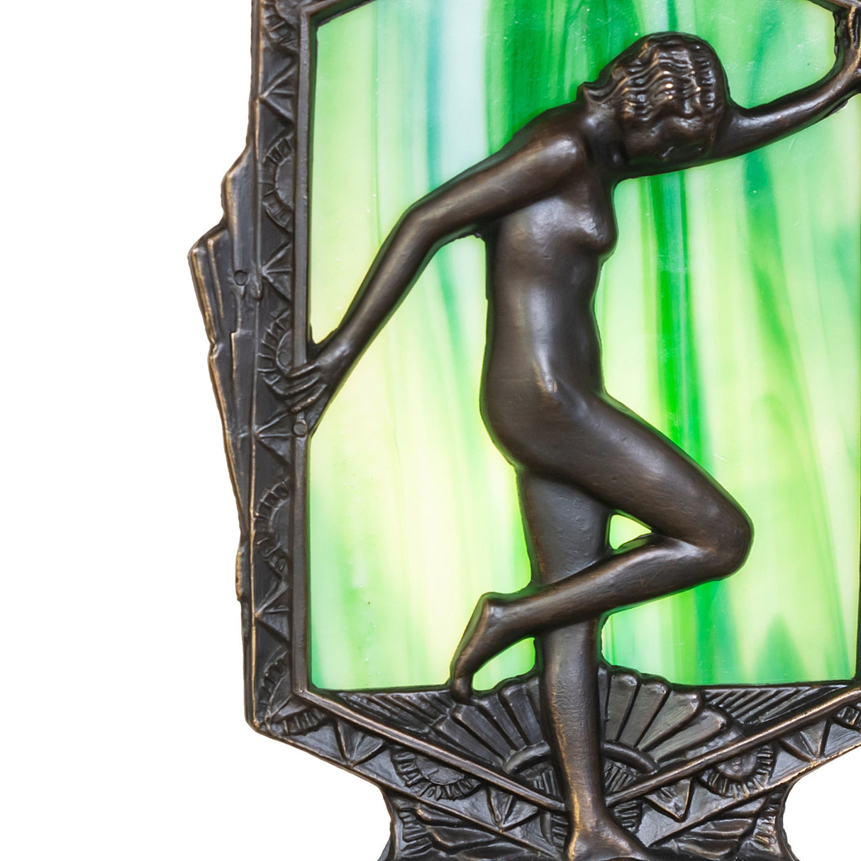 Close-up of the Deco Posing Lady accent lamp, highlighting detailed metalwork and glass texture.