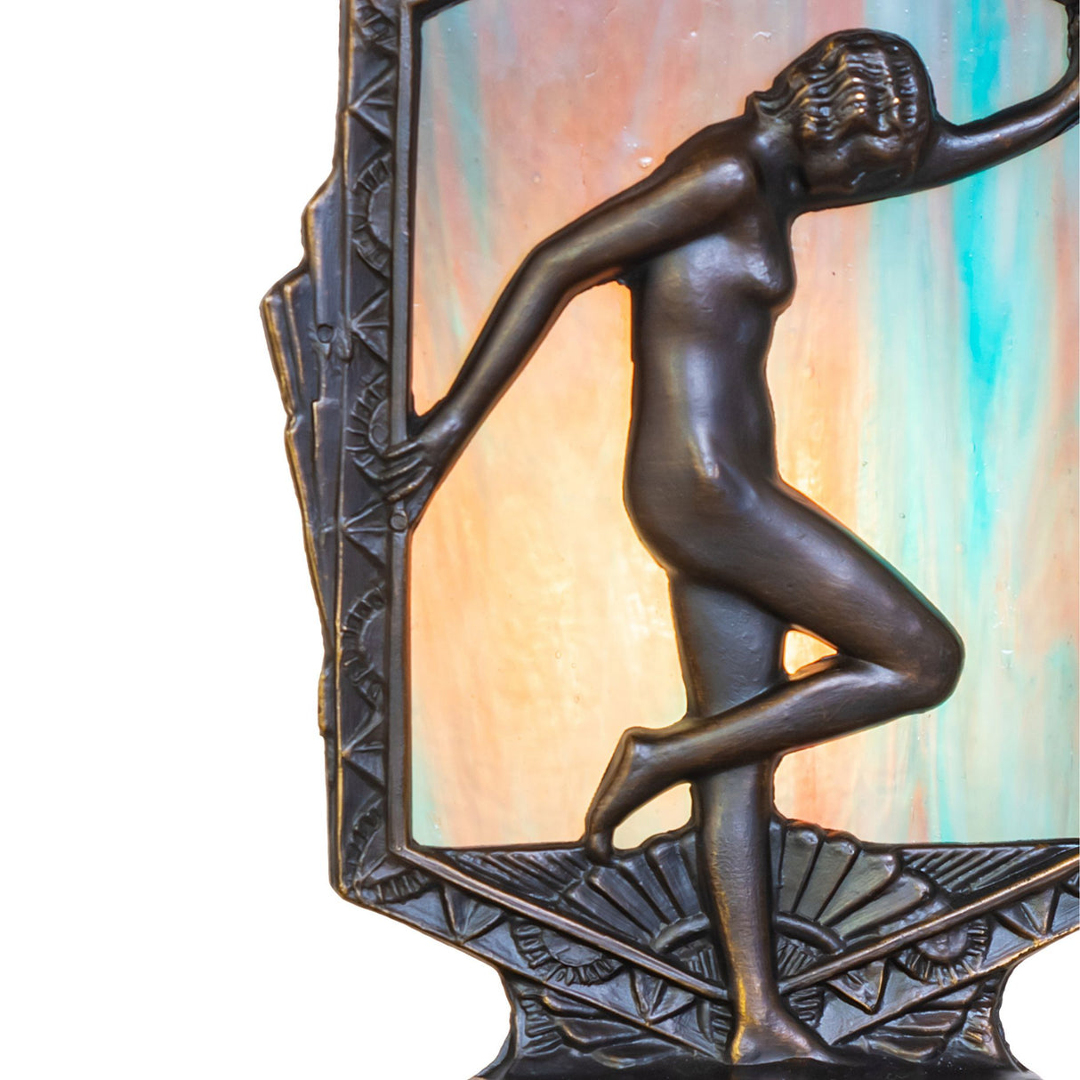 Close-up view of the posing lady figure on an Art Deco accent lamp.