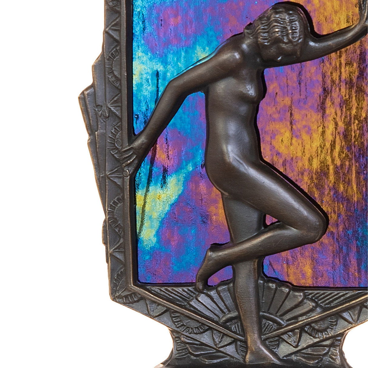 Close-up of the Deco Posing Lady accent lamp highlighting intricate details of the statuette and glass panel.
