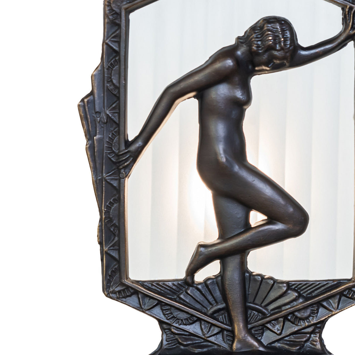 Close up view of the Deco Posing Lady Accent Lamp, highlighting the elegant statuette and art deco design.