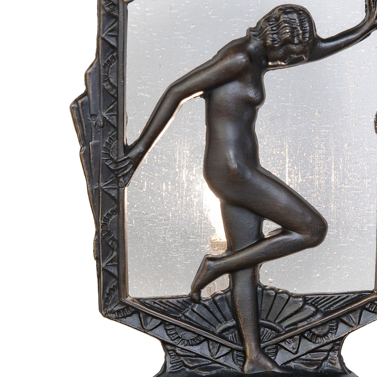 Close-up of the Deco Posing Lady Accent Lamp, highlighting the antique brass finish and glass details.