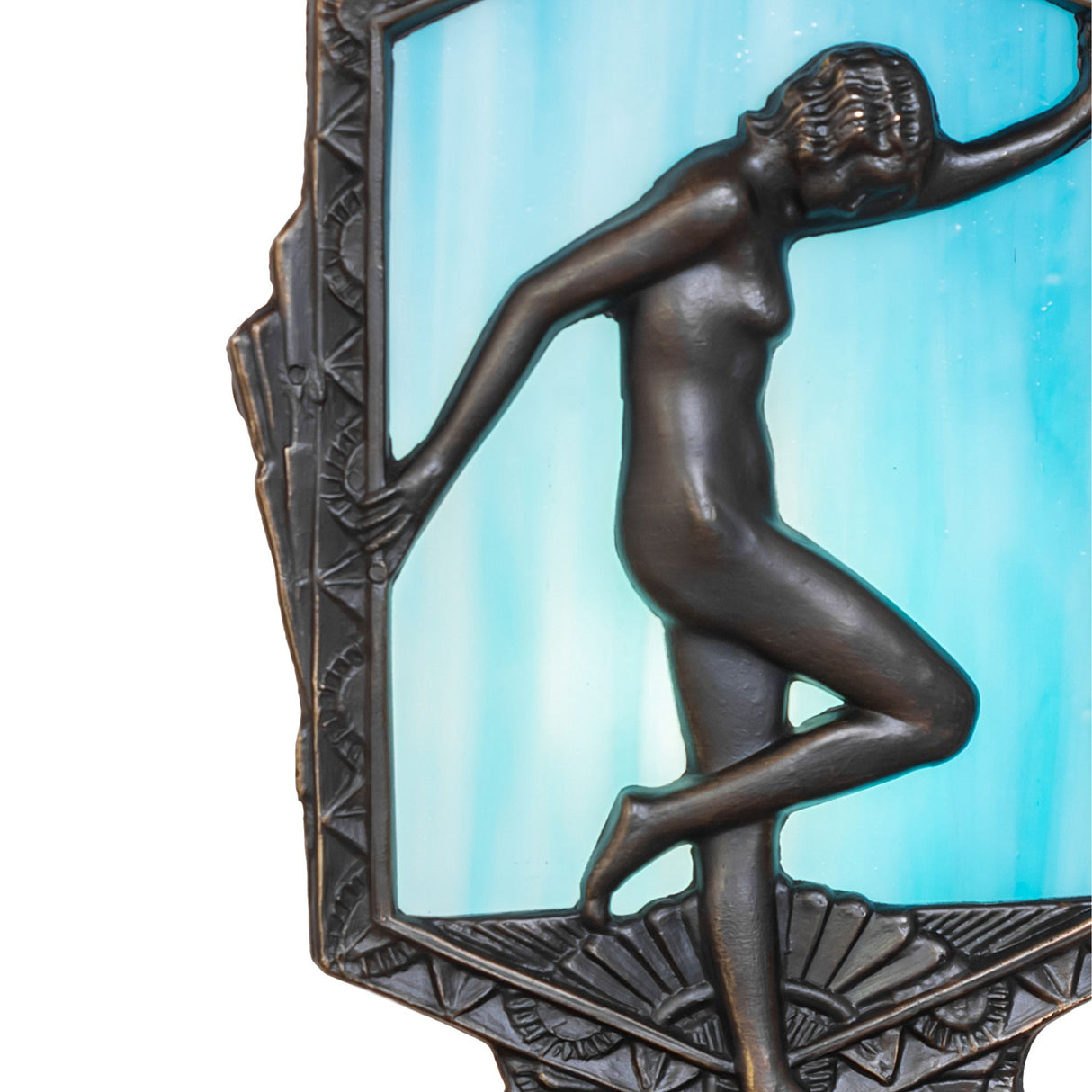 Close-up view of the Deco Posing Lady Accent Lamp with intricate brass finish and blue glass.