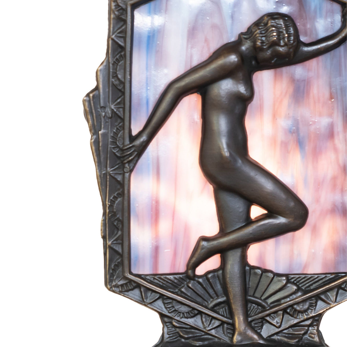 Close-up of the Deco Posing Lady Accent Lamp emphasizing its sculptural design and glass lens.