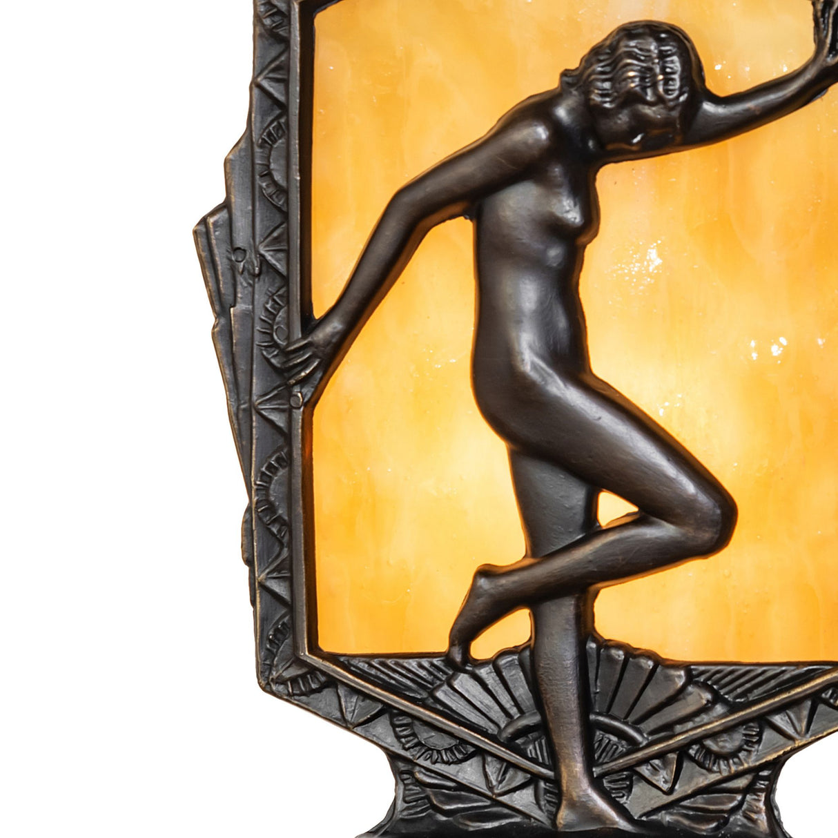 Detailed view focusing on the elegant metalwork and textured glass background.