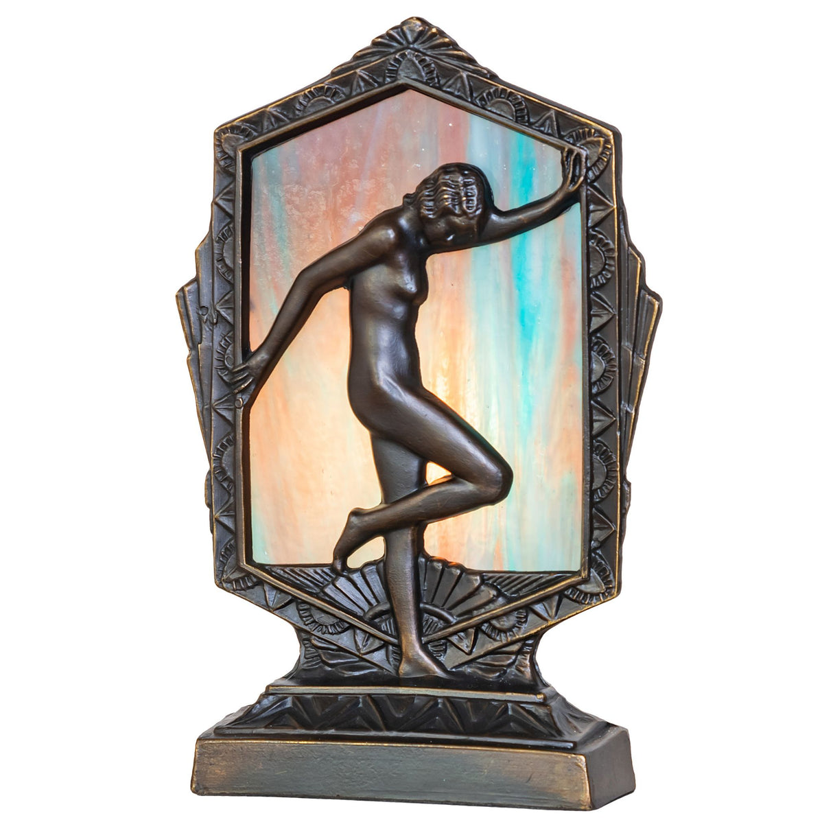 Illuminated Art Deco accent lamp with a purple art glass panel.