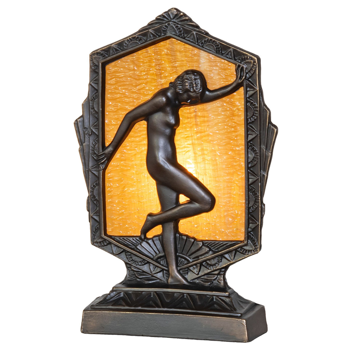 Illuminated Art Deco accent lamp with a honey granite glass panel and elegant lady figurine.