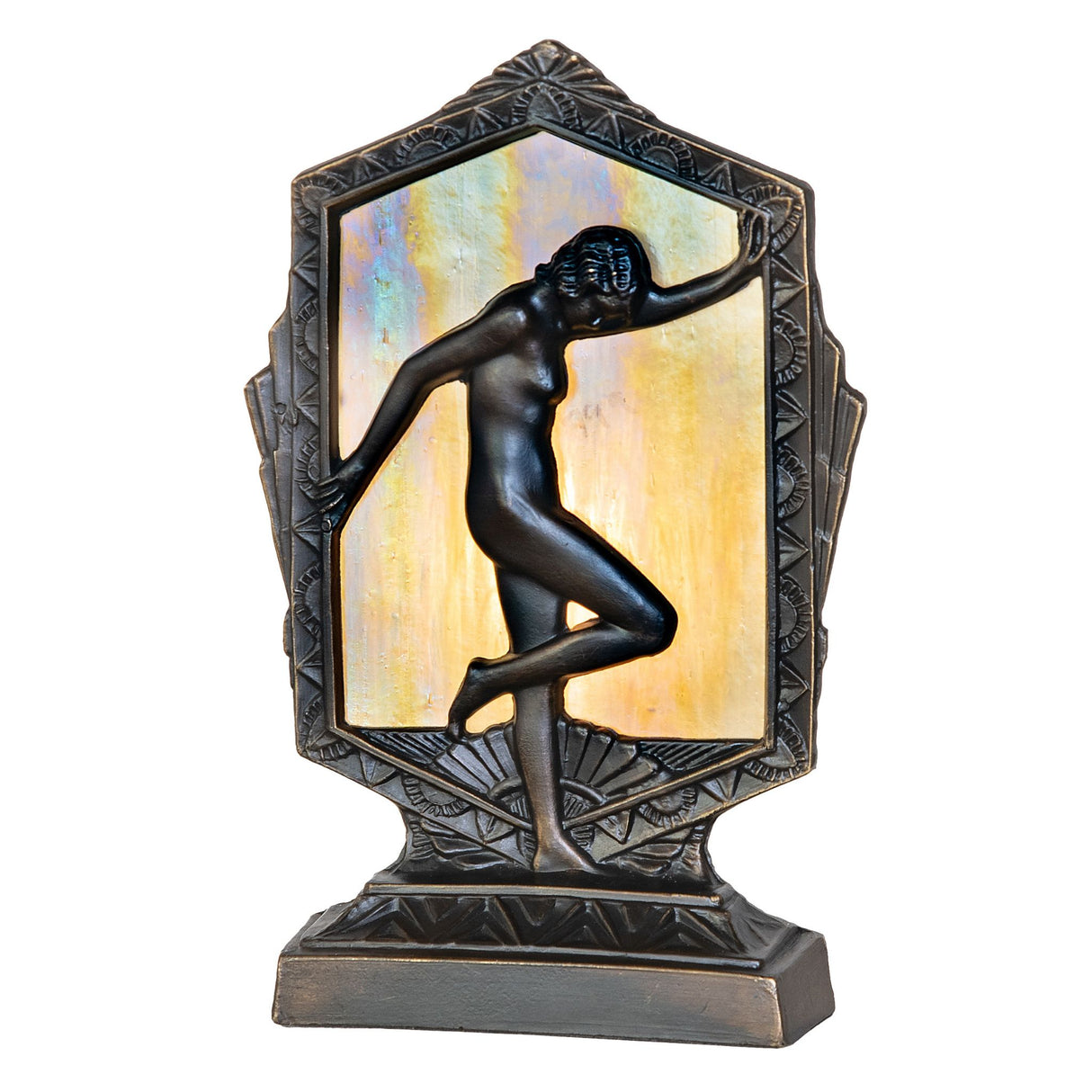 Illuminated Deco posing lady accent lamp showcasing a warm beige iridescent glow.