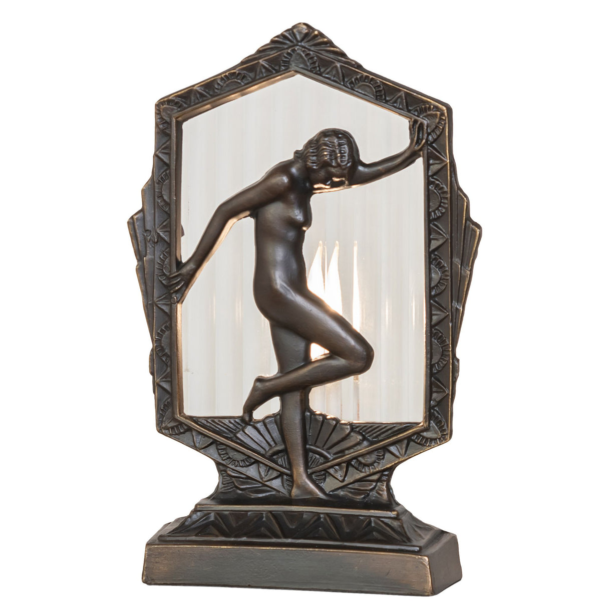 Illuminated Deco Posing Lady Accent Lamp with clear fluted glass and antique brass finish.
