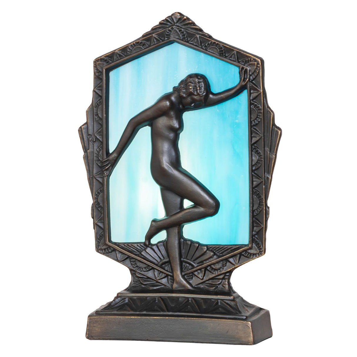 Lit view of the Deco Posing Lady Accent Lamp with Sky Blue Art Glass.