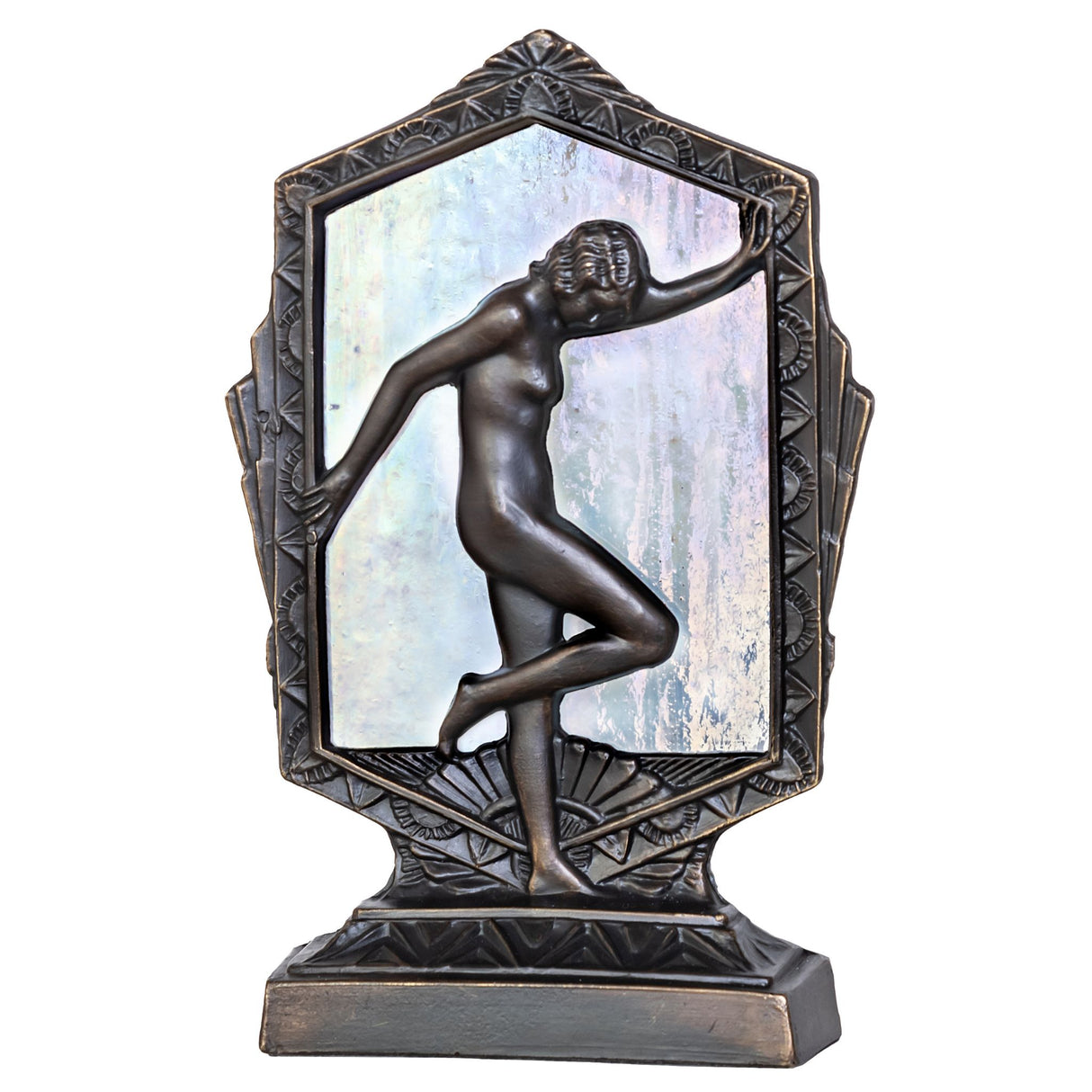Lit view of the Deco Posing Lady Accent Lamp with White Iridescent Glass.