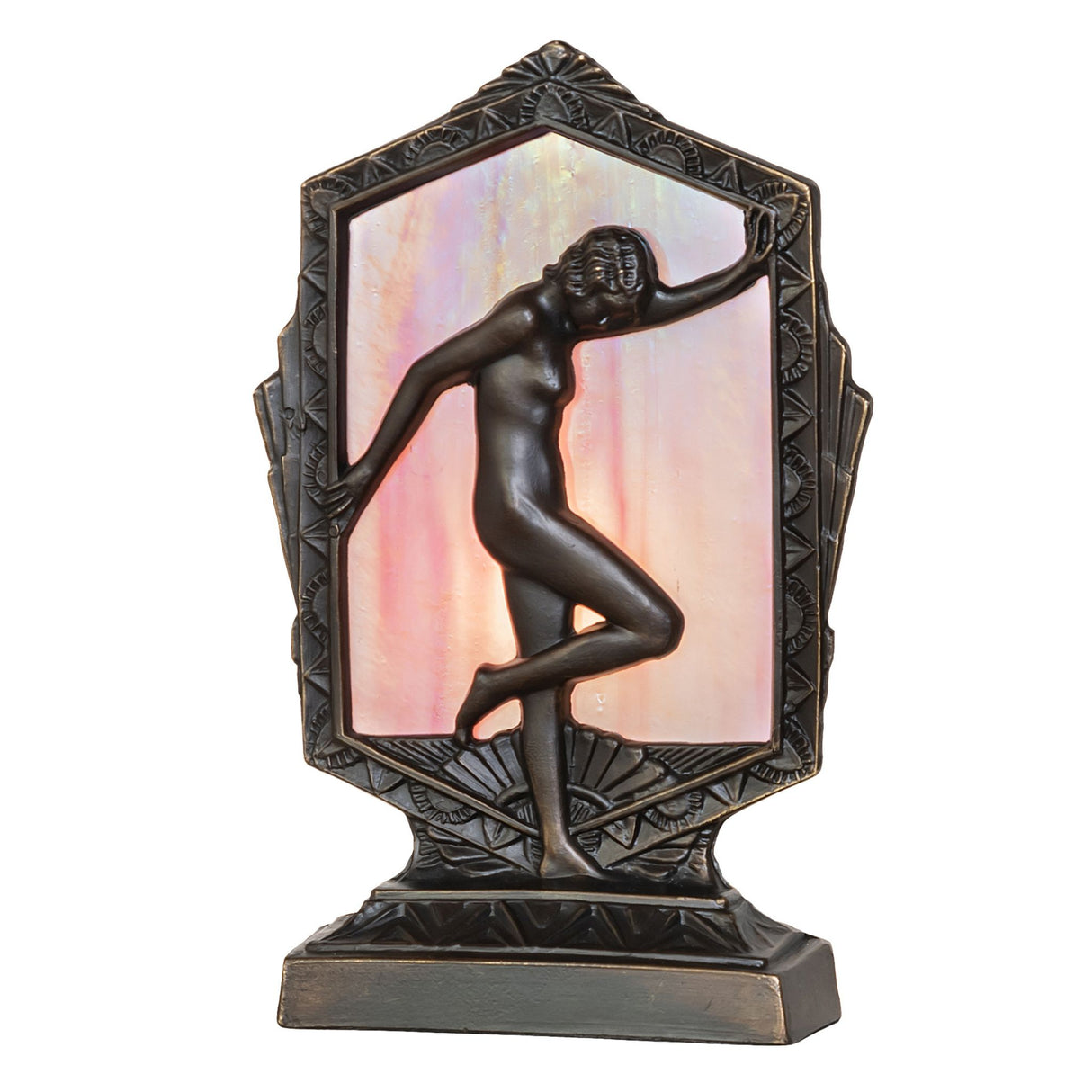 Lit view of the Deco Posing Lady Accent Lamp with pink iridescent glass and antique brass finish.