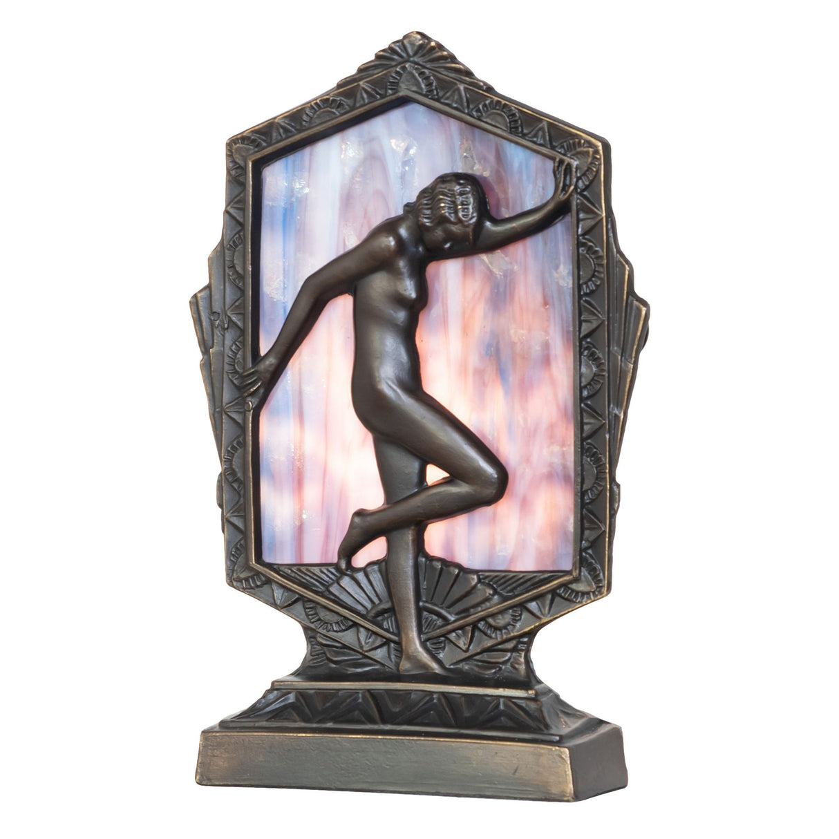 Lit view of the Deco Posing Lady Accent Lamp with a Purple Flemish Glass lens.