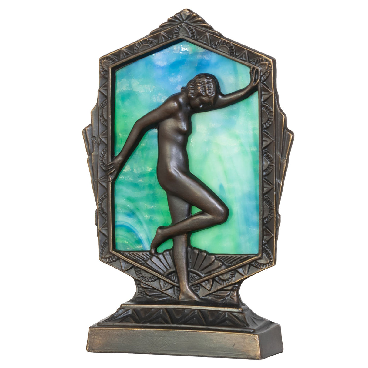 Unlit view of the Deco Posing Lady accent lamp, emphasizing the sculpted metalwork and intricate design.