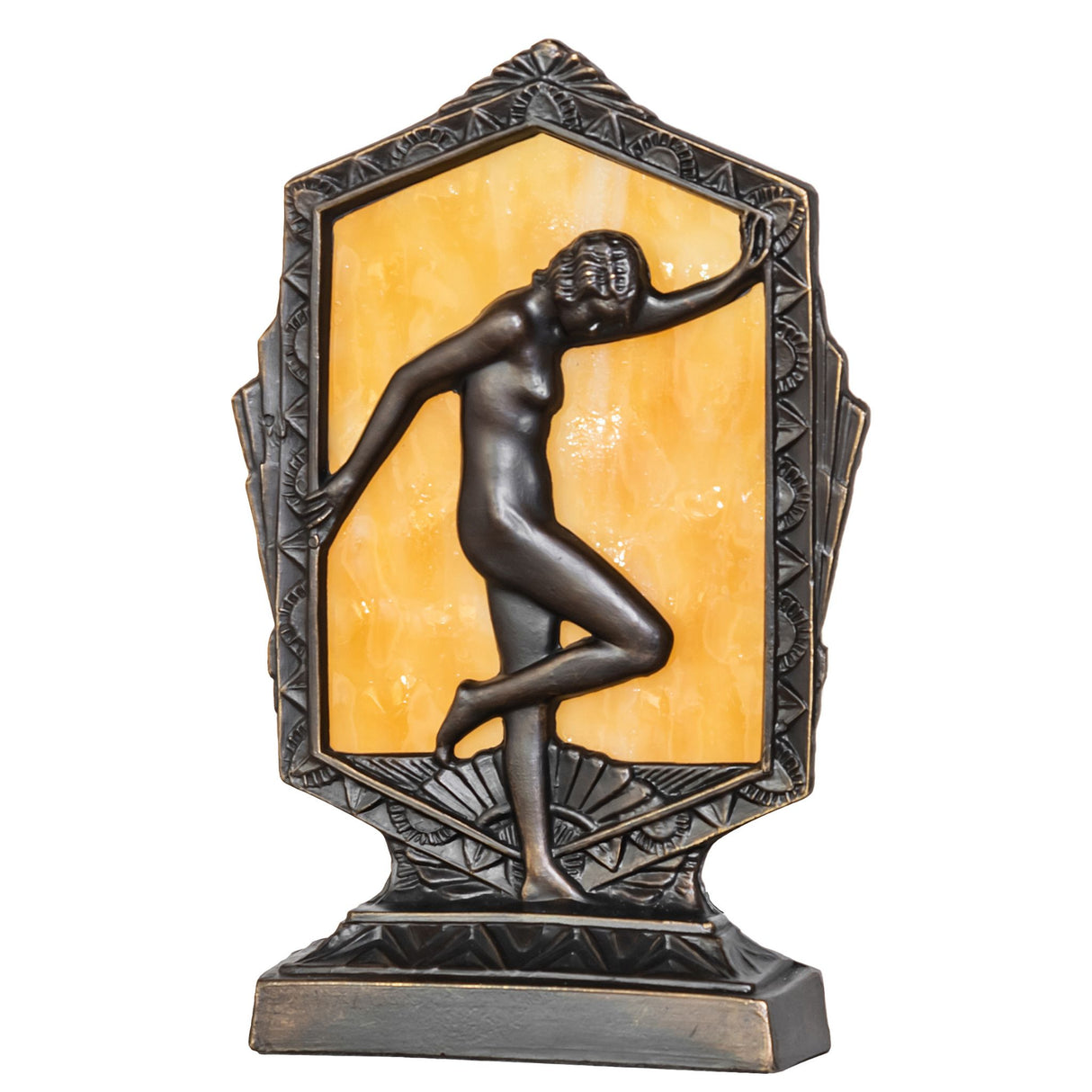 Unlit view of the Deco Posing Lady Accent Lamp, showcasing its intricate metal detailing and decorative glass.